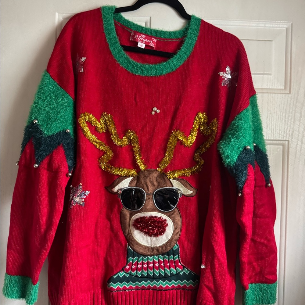 Holiday Red Reindeer Sweater with Green Accents